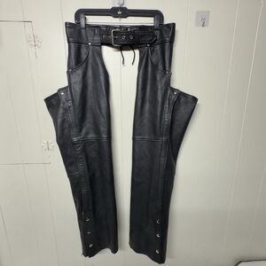 MOB Genuine Leather Black Motorcycle Riding Chaps Side Zipper Button Men L EUC